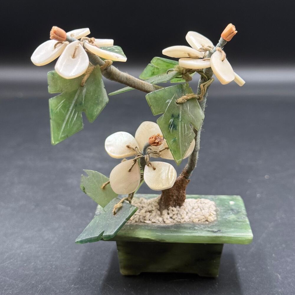 Vintage Miniature Hard Stone Floral Tree Carved Leaves White Blossom Sculpture